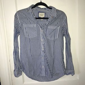 Blue and white striped button-up shirt